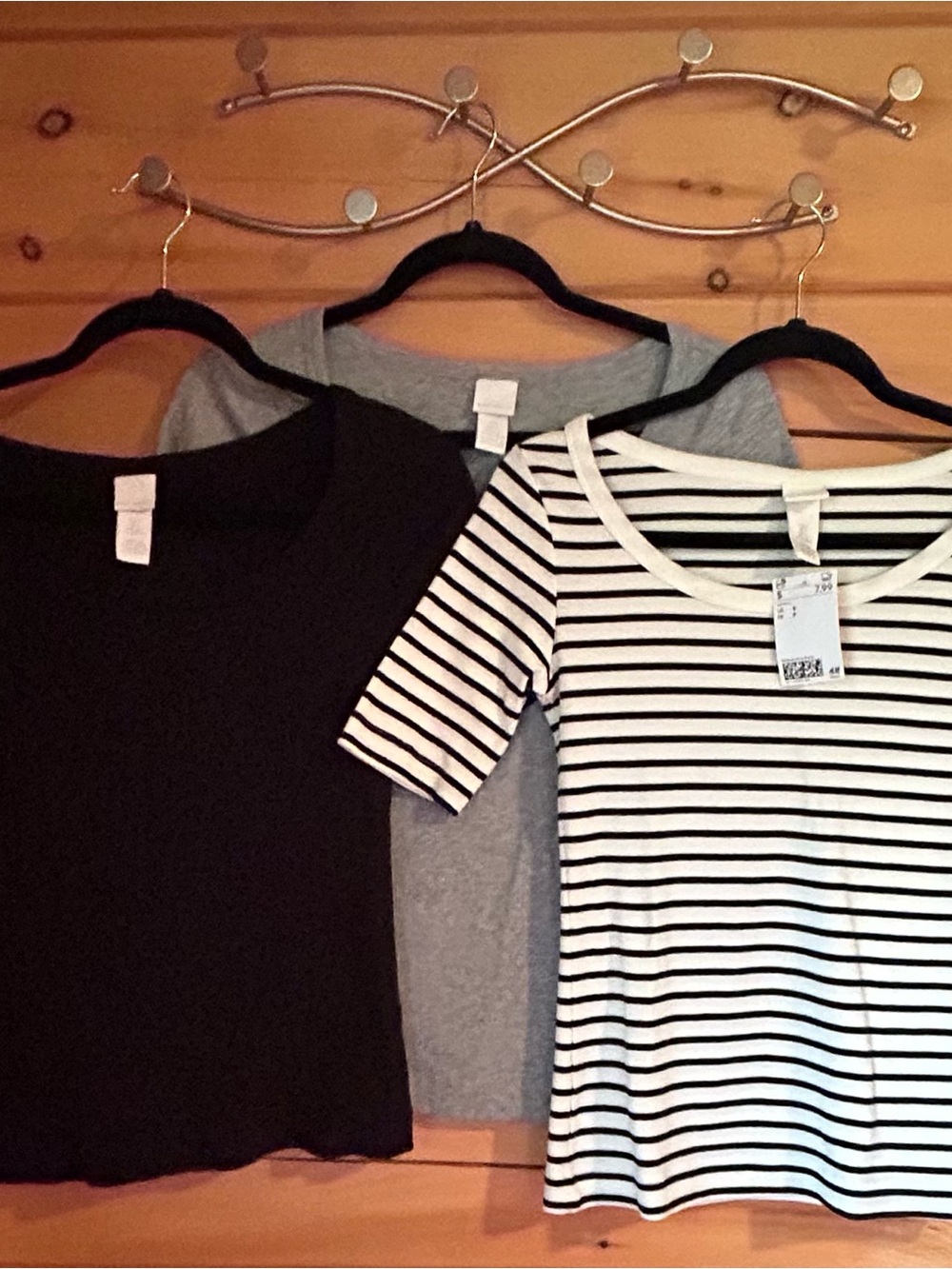 3 Basic Ribbed Scoop Neck T-Shirts - Striped / Black / Grey